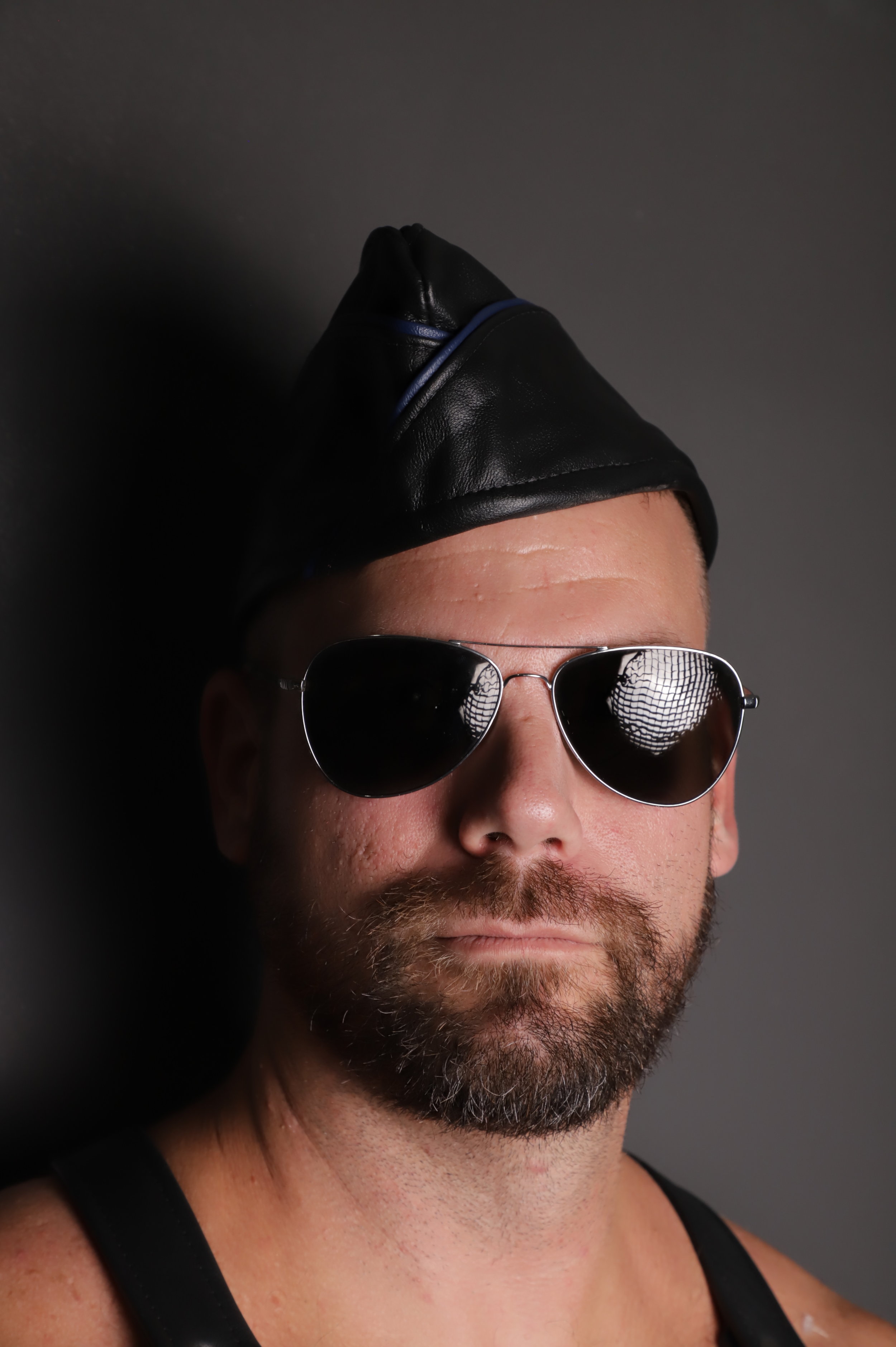 Leather Garrison Cap w/Blue Piping
